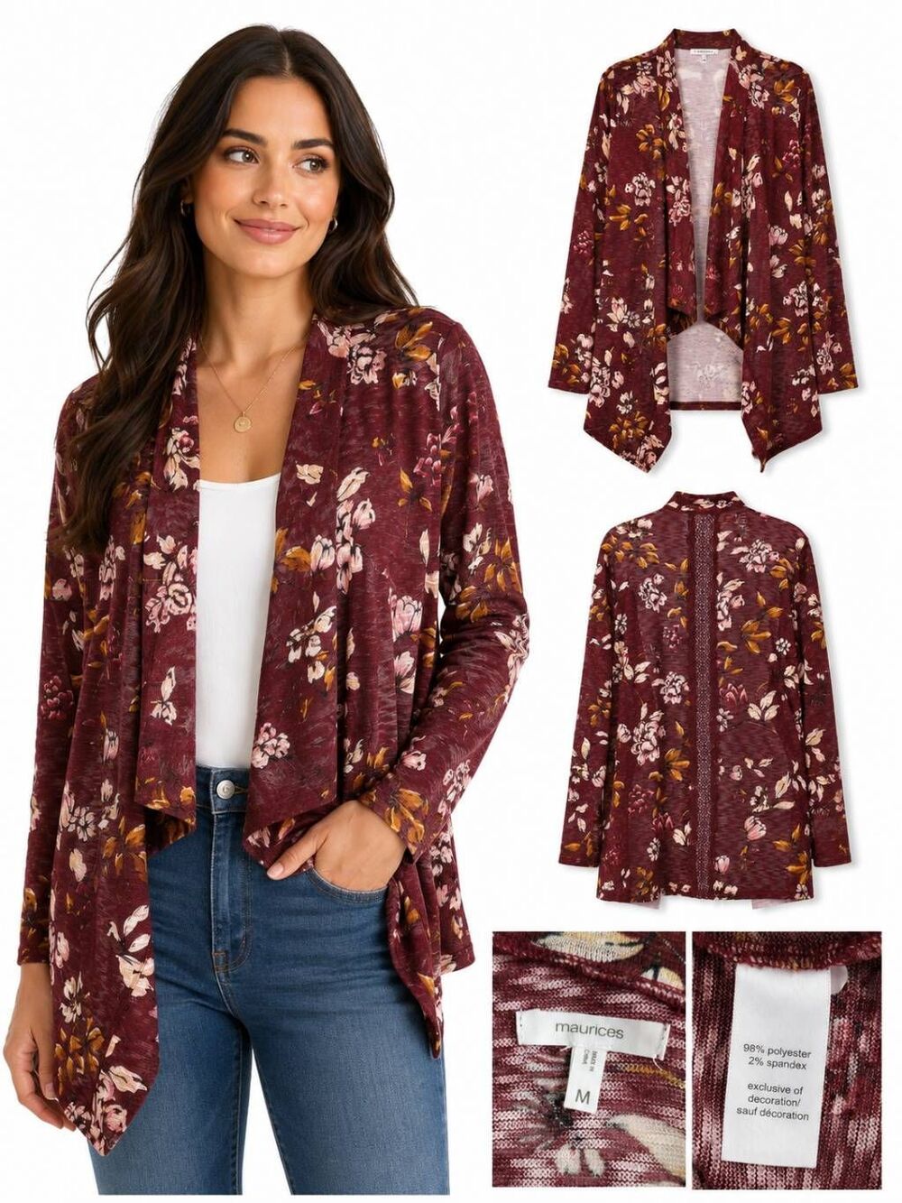 Maurices Burgundy Floral Lace Back Cardigan Women’s Size M Lightweight